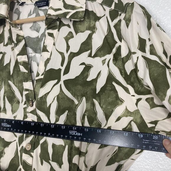 ZARA Shirt Dress Womens XL Green Cream Leaf Print Button Front Belted Midi - Picture 8 of 16